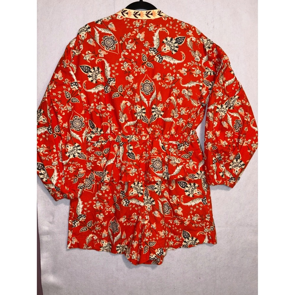 Farm Rio Anthropologie Long Sleeve  Romper Red Orange Floral Cotton $228 NWT - Picture 7 of 14